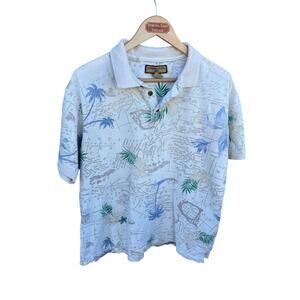 Caribbean Joe Men's Vintage Polo Shirt 100% Cotton Island Print Size LARGE